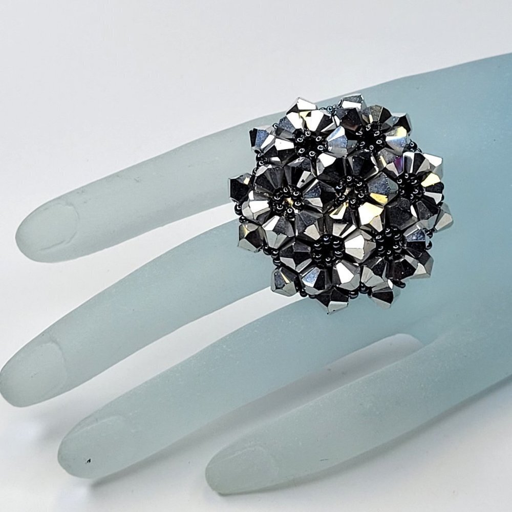 Silver Sparkling Crystal Ring Bicone Beads Cluster Ring Glitter Stretch Ring